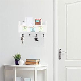 img 1 attached to 📚 Kakivan White Wood Floating Shelves with Memo Clips - Wall Mounted Key Holder Hooks, Coat Rack and Entryway Organizer for Letter Mail, Magazine, and More