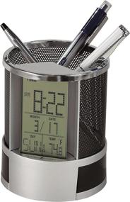 img 1 attached to Howard Miller Desk Mate Table Clock 645-759 – Silver Finished LCD Display, Black Mesh Pencil Cup, Side Storage Compartments - Quartz Alarm Movement