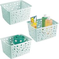 🌼 mdesign large floral plastic bathroom storage basket bin - 3 pack, mint green - ideal for organizing hand soaps, body wash, shampoos, lotion, conditioners, hand towels, hair accessories, body spray logo