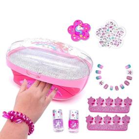 img 4 attached to Non-Toxic Unicorn Manicure Kit for Girls - Kids Nail Polish Set with Dryer, Scented Press-On Nails, Stickers, and Glitter Peel-off Nail Polishes - Includes File for Little Girls Tweens