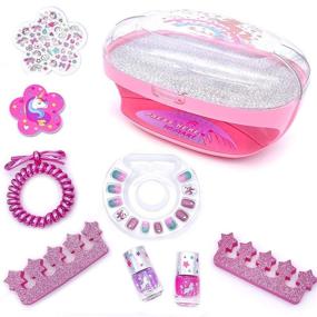 img 3 attached to Non-Toxic Unicorn Manicure Kit for Girls - Kids Nail Polish Set with Dryer, Scented Press-On Nails, Stickers, and Glitter Peel-off Nail Polishes - Includes File for Little Girls Tweens