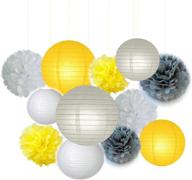 🎀 fascola 12pcs tissue paper pom pom paper lanterns mixed pack - white, yellow, grey - 10inch, 8inch - ideal for lavender themed party, bridal shower, baby shower decoration logo
