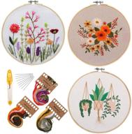 🧵 embroidery starter kit - 3 pack with patterns, full range of stamped embroidery kits, cross stitch kit with 3 embroidery cloths, bamboo embroidery hoop, color threads tools - ideal for plants and flowers designs logo