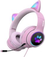 🎧 mokata gaming headphone wired aux 3.5mm over ear cat led light fit adults and kids foldable stereo headset earmuffs with microphone for pc ps4 ps5 game cellphone laptop pad h02 pink logo