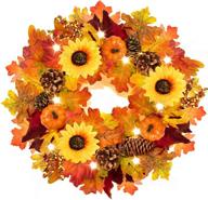 18-inch rocinha pre-lit fall wreath for front door with timer – autumn decorations featuring maples leaf, pumpkin, pine cone, berry, sunflower for harvest, thanksgiving, and fall home decor – 20 led lights included логотип