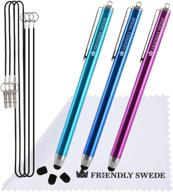 🖊️ set of 3 high precision stylus pens for touch screens - 5.5" universal capacitive styli with replaceable thin-tip - includes replacement tips, lanyards, and cleaning cloth - by the friendly swede (aqua blue, dark blue, purple) logo
