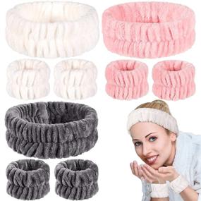 img 4 attached to 🎀 9-Piece Coral Fleece Spa Headband and Wrist Washband Set - Elastic Hair Band and Face Wash Kit for Women and Girls (Grey, Pink, White)