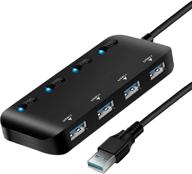 portable 4-port usb 3.0 hub with power switches and lights - high-speed data splitter and extension hub for laptops, pcs, and more (no power adapter) logo