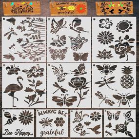 img 4 attached to 🌻 Set of 10 Flower Stencils: Sunflower, Butterfly, Bee, Bird - Ideal for Canvas Painting, Wood Crafts, and Nature-Themed Projects - Reusable Stencils with Dragonfly, Pineapple, Honeycomb Designs