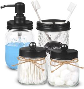 img 4 attached to Farmhouse Rustic Black Apothecary Mason Jars Bathroom Set - Includes Toothbrush Holder, Soap Dispenser, and More - 4 Pcs