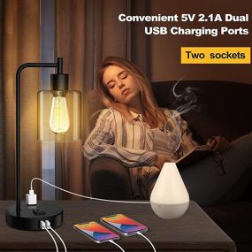 img 2 attached to Qimh Industrial Touch Control Table Lamp: 2 USB Ports, 2 AC Outlets, Dimmable Bedside Nightstand Lamp with Light Bulb & Glass Lampshade - Bedroom, Office Desk, Mute Black