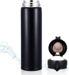 img 4 attached to 🧊 Black Stainless Steel Vacuum Insulated Thermos Water Bottle - Reusable Flask with Wide Mouth, One-Touch Spout Lid, 420ml Capacity - Perfect for Travel, Sports, Tea, Coffee Drinking Container