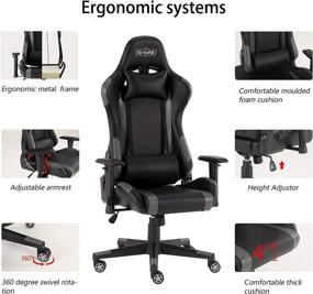 img 3 attached to 🎮 SMAX High Back Video Game Chair for Adults - Ergonomic PU Leather Gaming Chair with Adjustable Height, Swivel, Recliner, Headrest, and Lumbar Support - Black and Grey