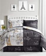 🗼 reversible 8 piece fairfield paris queen bedding comforter set in black and white - eiffel tower & gold design - bed in a bag logo
