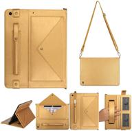 🔒 ipad 10.2 case - premium pu leather heavy duty case with card slots, kickstand, money pocket, shoulder strap, hand strap, pencil holder for ipad 8th/7th gen (gold) logo