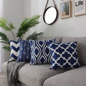 img 4 attached to FanHomcy Navy Blue Throw Pillow Covers - 4 Pack, Decorative Velvet Sofa Square Cushion Pillowcases with Geometric Quatrefoil Arrow Ogee Chevron Patterns - 18 x 18 inch