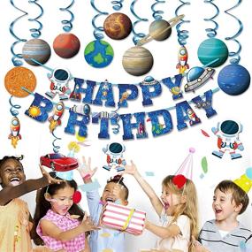 img 2 attached to 🚀 Blue Astronaut Spaceship Theme Kids Space Birthday Party Decoration - Happy Birthday Banner, Hanging Solar System, Spiral Planet Card, Children's Gifts, Cake Insert Supplies Set