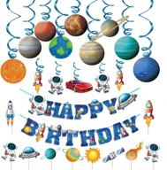 🚀 blue astronaut spaceship theme kids space birthday party decoration - happy birthday banner, hanging solar system, spiral planet card, children's gifts, cake insert supplies set логотип