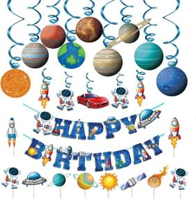 img 4 attached to 🚀 Blue Astronaut Spaceship Theme Kids Space Birthday Party Decoration - Happy Birthday Banner, Hanging Solar System, Spiral Planet Card, Children's Gifts, Cake Insert Supplies Set