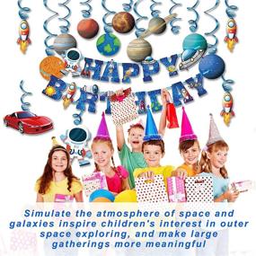 img 3 attached to 🚀 Blue Astronaut Spaceship Theme Kids Space Birthday Party Decoration - Happy Birthday Banner, Hanging Solar System, Spiral Planet Card, Children's Gifts, Cake Insert Supplies Set