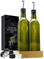 🍶 set of 2 olive oil dispenser bottles with wood tray - 17 oz glass oil and vinegar dispenser set - stainless steel pourers - funnel & dust caps - dark green oil bottles for kitchen - olive oil bottle with pourer logo