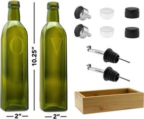 img 3 attached to 🍶 Set of 2 Olive Oil Dispenser Bottles with Wood Tray - 17 Oz Glass Oil and Vinegar Dispenser Set - Stainless Steel Pourers - Funnel & Dust Caps - Dark Green Oil Bottles for Kitchen - Olive Oil Bottle with Pourer