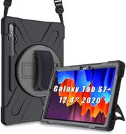 procase galaxy tab s7 plus 12.4” 2020 case with s pen holder - rugged shockproof cover case, hand strap, rotating kickstand - black logo