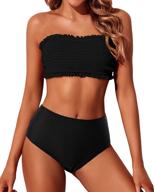 👙 yonique women's bandeau bikini top: off shoulder, smocked swimsuits with ruffle detail - high waisted two piece bathing suit logo