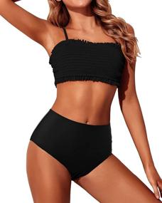 img 1 attached to 👙 Yonique Women's Bandeau Bikini Top: Off Shoulder, Smocked Swimsuits with Ruffle Detail - High Waisted Two Piece Bathing Suit