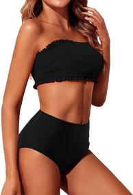 img 3 attached to 👙 Yonique Women's Bandeau Bikini Top: Off Shoulder, Smocked Swimsuits with Ruffle Detail - High Waisted Two Piece Bathing Suit