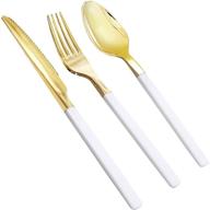 🍽️ nervure 150-piece gold disposable plastic silverware with white handle - includes 50 forks, 50 knives, 50 spoons - ideal for parties, weddings, and catering events logo