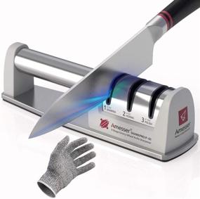 img 4 attached to 🔪 Amesser Diamond Wheel Knife Sharpener - Fast Sharpening & Polishing for Kitchen Knives | 3-Stage Grit 360/600/1000 | Includes Anti-Slip Mat & Cut Resistant Glove (Light Gray)