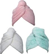 🎀 super absorbent microfiber hair towel wrap turban 3 pack with button - quick dry hair hat, bath cap 26inch/10inch - green/pink/white logo