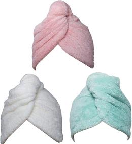 img 4 attached to 🎀 Super Absorbent Microfiber Hair Towel Wrap Turban 3 Pack with Button - Quick Dry Hair Hat, Bath Cap 26inch/10inch - Green/Pink/White