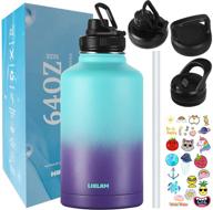 mermaid 64 oz insulated water bottle with straw lid - keep hydrated for 48 hrs or more - large half gallon water jug - stainless steel thermos with 3 lids & waterproof stickers included logo