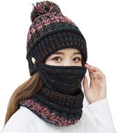 🧣 winter fleece lined knitted hat scarf mask set for women and girls – ear flaps beanie with pompom logo