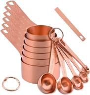 🥄 gold measuring cups and spoons set, copper and stainless steel measuring cups and spoons, copper measuring spoons, 6 cup measures, 7 spoon measures, 2 rings, 1 leveler logo