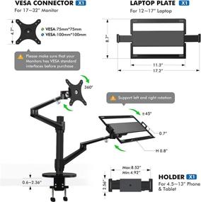 img 2 attached to 🖥️ Viozon Monitor and Laptop or Tablet Mount: Adjustable Dual Arm Desk Stand for 17-32'' Screens, 3-in-1 design incl. Tablet Arm for 4.5-13'' Tablets & Phone Tray. Fits 12-17'' Laptops.