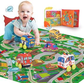 img 4 attached to REMOKING Pull-Back Vehicle Toy Set with Play Mat - STEM 🚗 Soft Toys, Educational Cloth Book Set for Kids 3+ Years - Great Gifts
