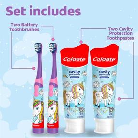 img 1 attached to Colgate Детский подарочный набор Единорог: 2 🦄 Батарейные зубные щетки и паста для зубов для эффективного ухода за полостью рта.