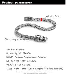 img 2 attached to 💎 Golden Jewelry Gift: 925 Sterling Silver Dragon Chain Bracelet, Solid Thick Side Link Bangle for Men & Boys (5MM-7", 8", 9")