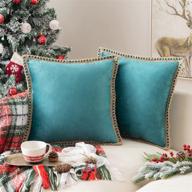 🛋️ pack of 2 teal velvet decorative farmhouse burlap trimmed tailored edges decor pillow cover cushion throw pillows for couch sofa, 18 x 18 inch logo