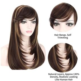 img 1 attached to 💇 Women's Wig with Hair Bangs - Kalyss Brown Highlights Yaki Synthetic Hair, Long Straight Layered Heat Resistant Synthetic Wig (Brown with Highlights Color), Centre Parting