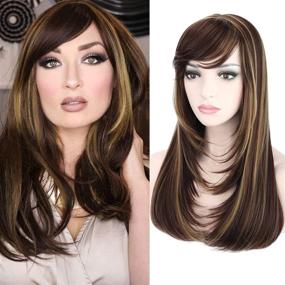 img 3 attached to 💇 Women's Wig with Hair Bangs - Kalyss Brown Highlights Yaki Synthetic Hair, Long Straight Layered Heat Resistant Synthetic Wig (Brown with Highlights Color), Centre Parting