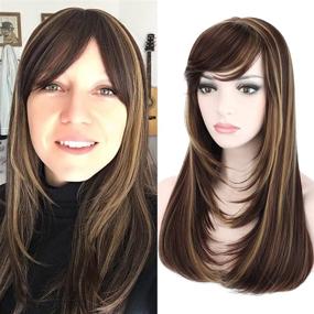 img 2 attached to 💇 Women's Wig with Hair Bangs - Kalyss Brown Highlights Yaki Synthetic Hair, Long Straight Layered Heat Resistant Synthetic Wig (Brown with Highlights Color), Centre Parting