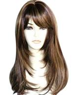 💇 women's wig with hair bangs - kalyss brown highlights yaki synthetic hair, long straight layered heat resistant synthetic wig (brown with highlights color), centre parting logo