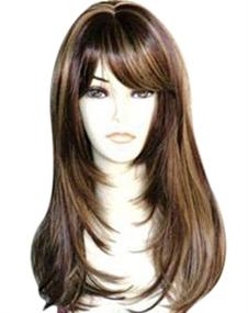 img 4 attached to 💇 Women's Wig with Hair Bangs - Kalyss Brown Highlights Yaki Synthetic Hair, Long Straight Layered Heat Resistant Synthetic Wig (Brown with Highlights Color), Centre Parting