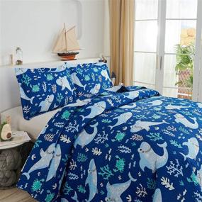 img 1 attached to Twin Size Kids Quilt Ocean Bedding Set, Boys Shark Theme Coverlet - 🦈 Cute Animal Bedding, Tropical Beach Reversible Lightweight Bedspread, Cartoon Shark Quilt Set in Navy Blue