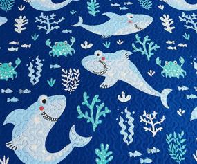 img 2 attached to Twin Size Kids Quilt Ocean Bedding Set, Boys Shark Theme Coverlet - 🦈 Cute Animal Bedding, Tropical Beach Reversible Lightweight Bedspread, Cartoon Shark Quilt Set in Navy Blue