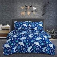 twin size kids quilt ocean bedding set, boys shark theme coverlet - 🦈 cute animal bedding, tropical beach reversible lightweight bedspread, cartoon shark quilt set in navy blue logo